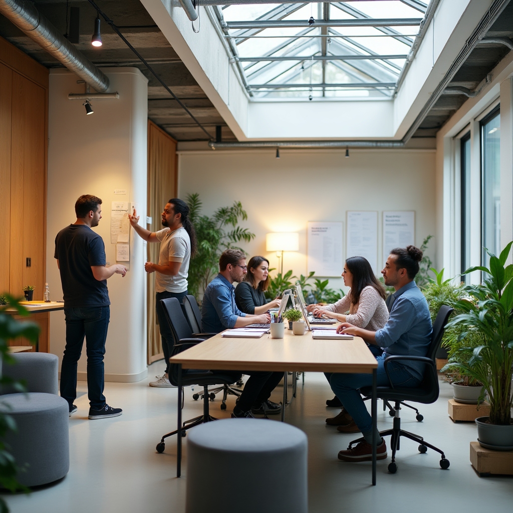 Team di professionisti che lavorano insieme in spazio collaborativo